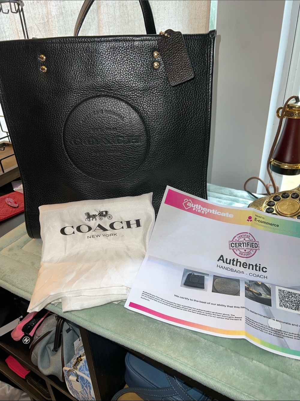 Coach Black Pebbled Leather Embossed Logo Tote